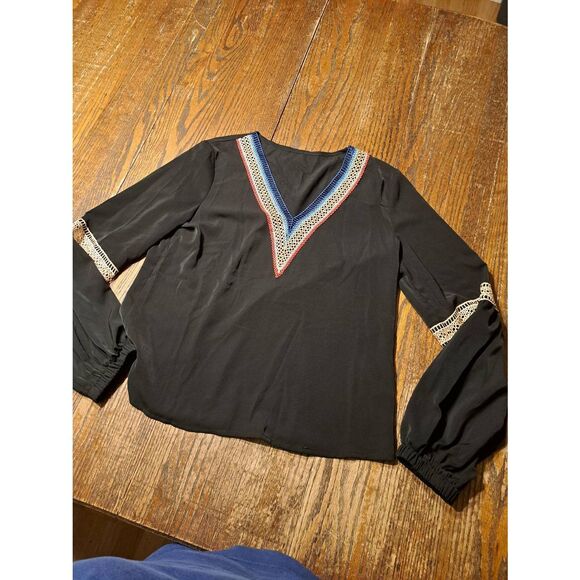 SHEIN Women's Small Deep V-Neck Lace Long Sleeve Blouse Black Floral Pullover - Picture 1 of 5